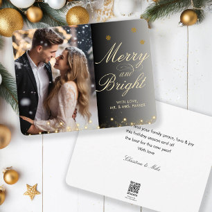 Merry & Bright! Script Font, Black-Gold Photo  Holiday Card