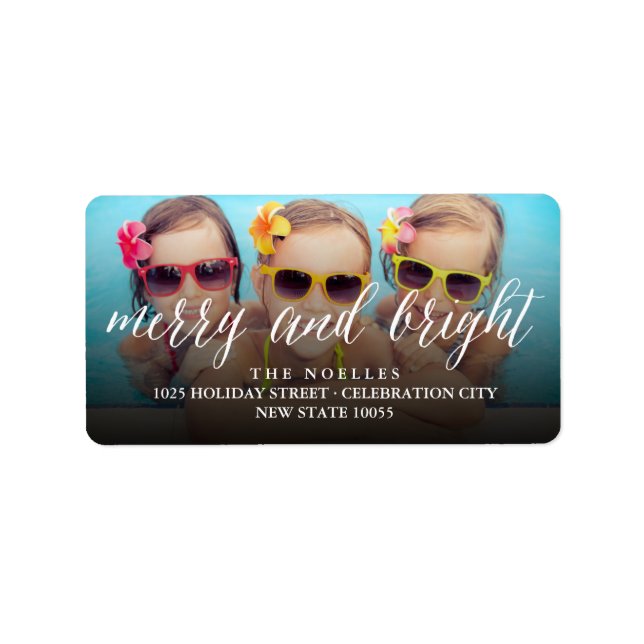 Merry & Bright Script Holiday Photo Address Labels (Front)