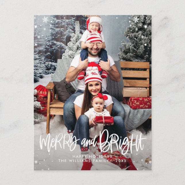 Merry & Bright script photo overlay Holiday Postcard (Front)