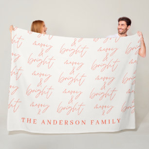 Merry & Bright script text red and white Christmas Fleece Blanket