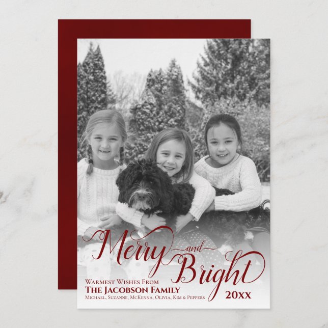 Merry & Bright Simple Black & White Photo Burgundy Holiday Card (Front/Back)