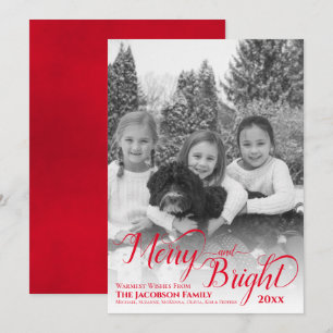 Merry & Bright Simple Black & White Photo Red Holiday Card