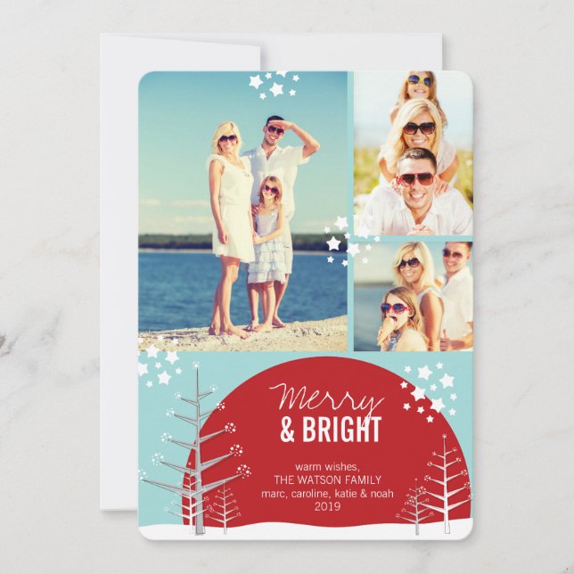 Merry & Bright Snow Trees Stars Holiday Photo Card (Front)