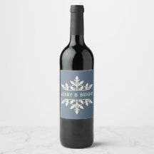 Merry & Bright Snowflake Holiday Wine Label - Blue