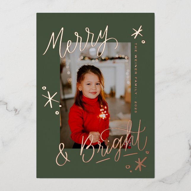 Merry & Bright Snowflake Lettered Photo Overlay Foil Holiday Card (Front)