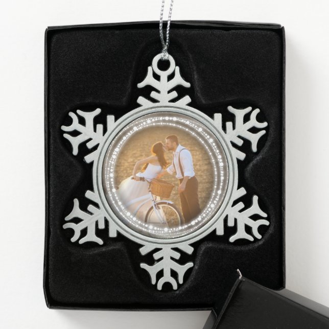 Merry & Bright Sparkling Circles Christmas Photo Snowflake Pewter Christmas Ornament (Box)