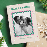 Merry & Bright Squiggle Frame Pink   Green  Holiday Card<br><div class="desc">A cute and fun holiday card with a double squiggle photo frame in pink and green, surrounded by confetti dots and "merry and bright" in a cute handwritten font. The back of the card has room for a longer message and another photo of the family. Here shown in pink and...</div>