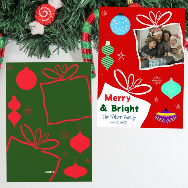 Merry & Bright Squiggle Gift Box Family Photo Holiday Card (Creator Uploaded)