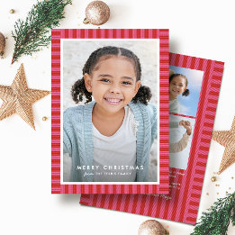 Merry bright stripe cute pink red Christmas photo Holiday Card