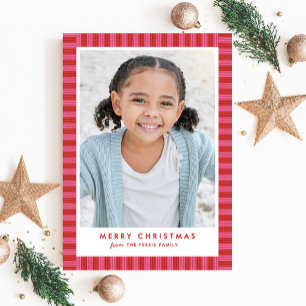Merry bright stripe cute pink red Christmas photo Holiday Card
