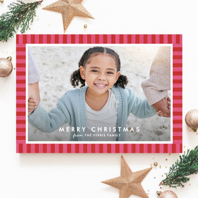 Merry bright stripe pink red frame Christmas photo Holiday Card (Creator Uploaded)