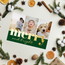 Merry Bright Stylish Green Three Photo Christmas