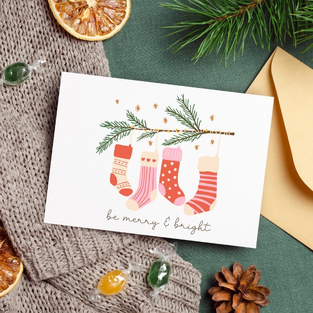 Merry & Bright Stylish Pink & Red Christmas Card (Be Merry & Bright Christmas Stockings Pink & Red)