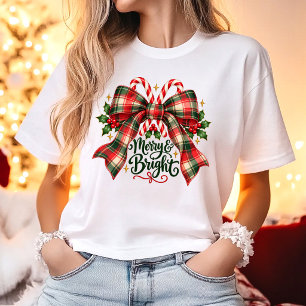 Merry & Bright Tartan Bow Christmas T-Shirt