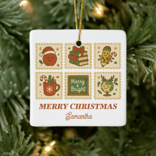 Merry & Bright Teacher Christmas Collage Ceramic Ornament