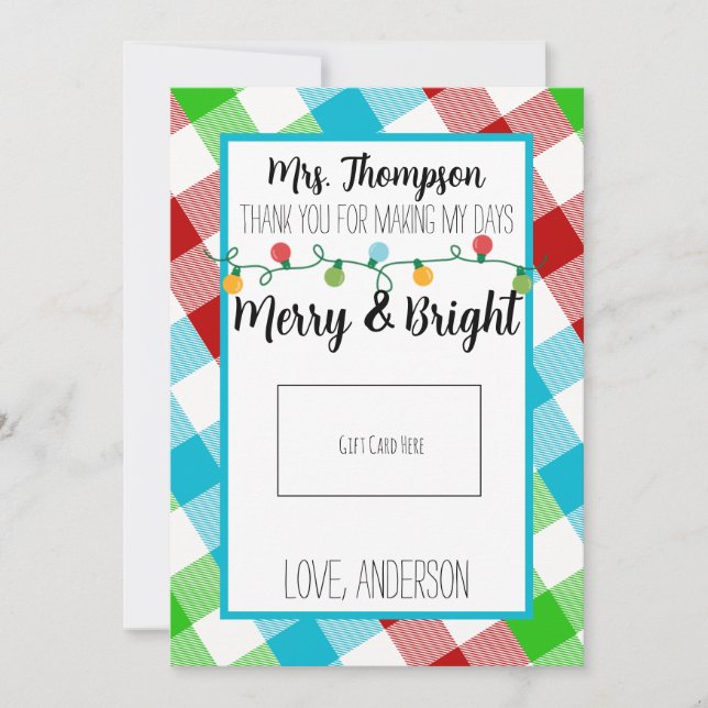 Merry & Bright Teacher Christmas Gift Card (Front)