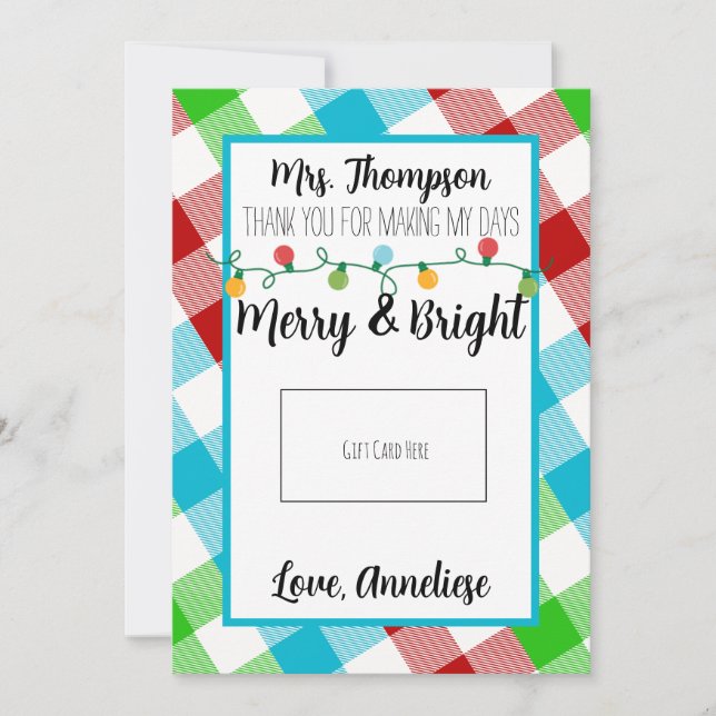 Merry & Bright Teacher Christmas Gift Card (Front)