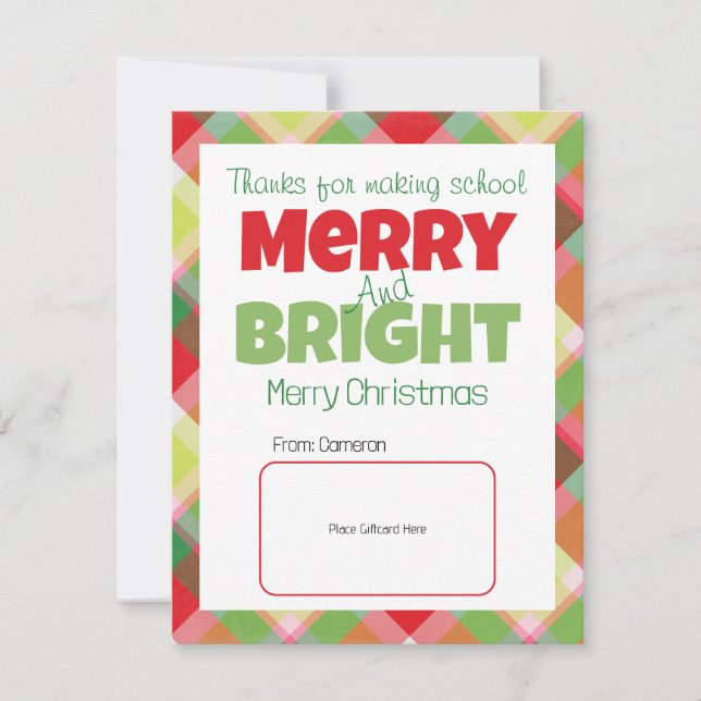 Merry & Bright Teachers Thank You Gift Card (Front)