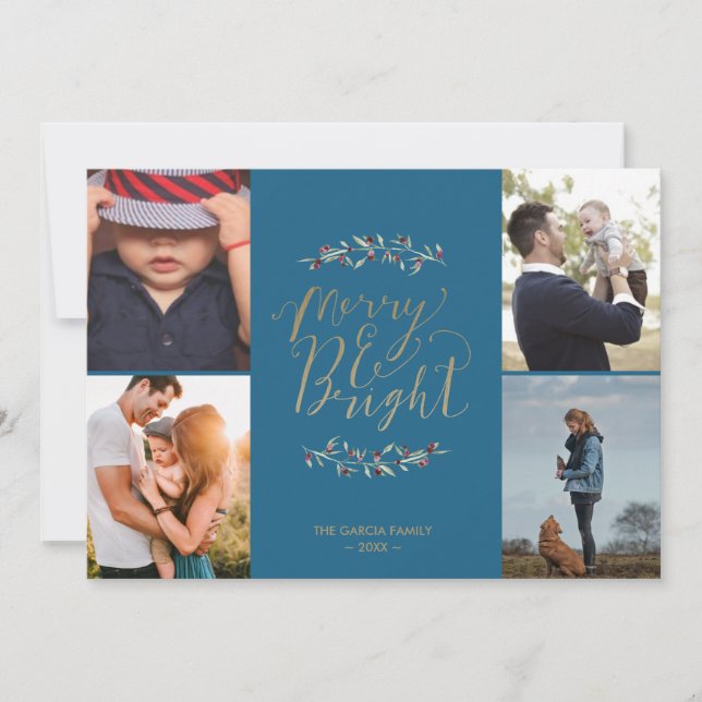 Merry & Bright Teal Family Photo Collage Christmas Holiday Card (Front)