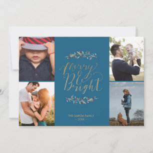 Merry & Bright Teal Family Photo Collage Christmas Holiday Card