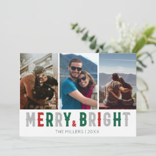 Merry Bright Three Photo Christmas Holiday Card