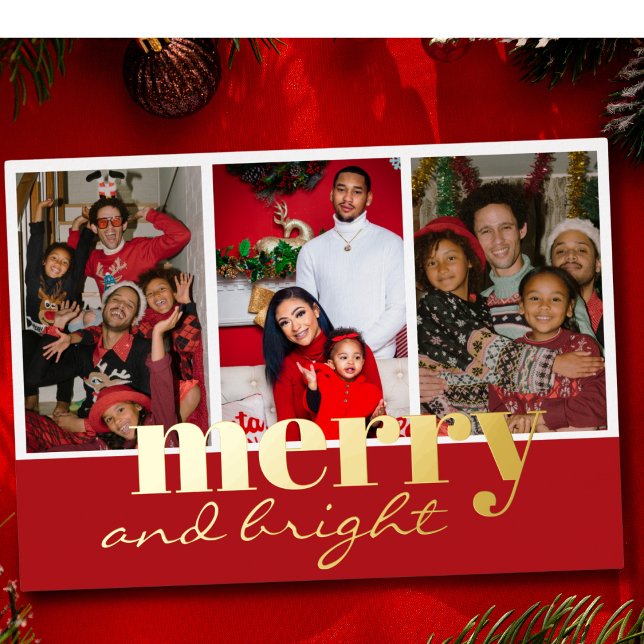 Merry & Bright Three Photo Red and  gold Foil Holiday Card (Creator Uploaded)