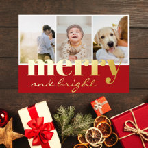 Merry Bright Three Photo Red White Christmas