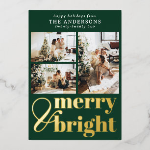 Merry & Bright Typography Christmas Timber Green Foil Holiday Card