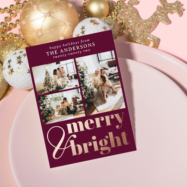 Merry & Bright Typography Christmas Wine Berry Foil Holiday Card (Creator Uploaded)