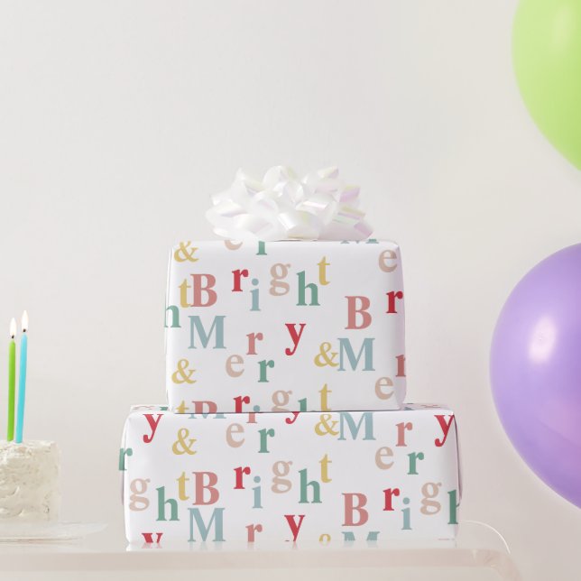 Merry & Bright typography light colour Wrapping Paper (Party Gifts)