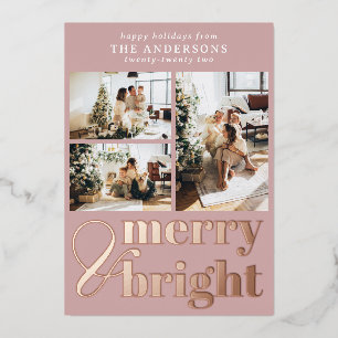 Merry & Bright Typography Photo Christmas Rosegold Foil Holiday Card