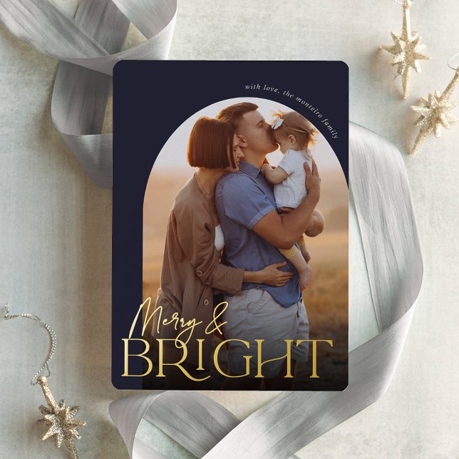Merry & Bright Vertical Photo Arch Foil Holiday Card (Creator Uploaded)