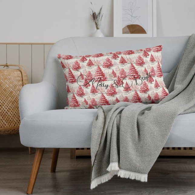 Merry & Bright Vintage Christmas Pink & Red  Lumbar Cushion (Merry & Bright Pink and Red Winter Wonderland Christmas Trees Toile de Jouy pattern rectangle pillow)