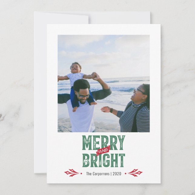 Merry & Bright vintage rustic 2 photo Holiday Card (Front)