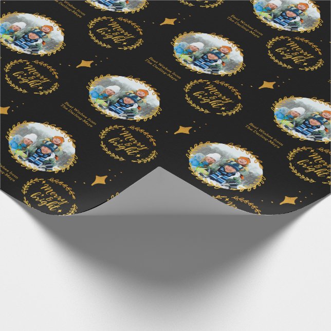 Merry & Bright w. Custom Photo - Gold and Black Wrapping Paper (Corner)