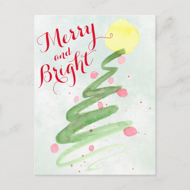 Merry & Bright Watercolor Christmas Tree Photo Holiday Postcard (Front)