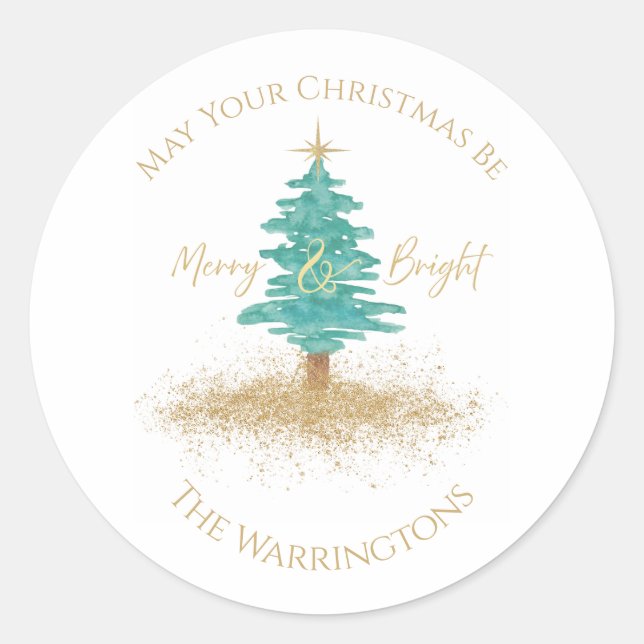 "Merry & Bright" Watercolor Tree Custom Name Classic Round Sticker (Front)