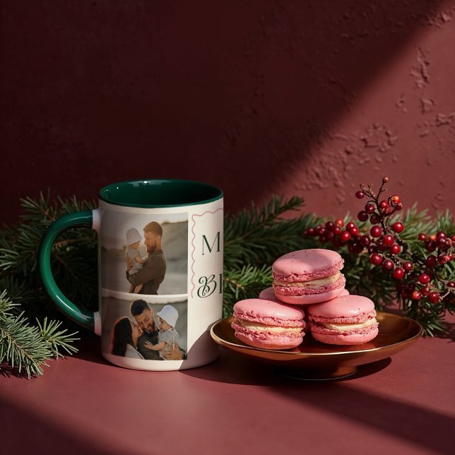 Merry & Bright Wavy Modern Minimal 3 Photo Collage Mug (Merry & Bright Wavy Modern Minimal 3 Photo Collage Mug)