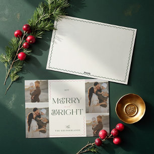 Merry & Bright Wavy Modern Minimal 4 Photo Collage Holiday Card