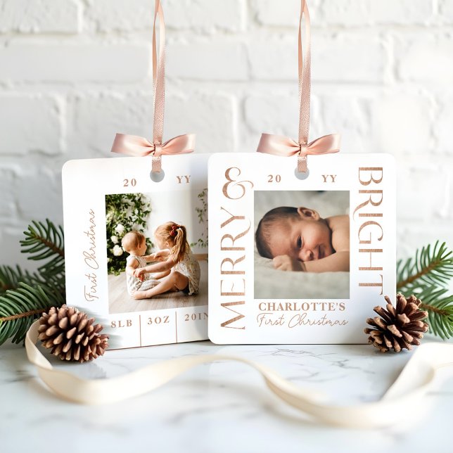 Merry & Bright White Baby First Christmas Photos Metal Tree Decoration (Merry & Bright White Baby First Christmas Photos Metal Ornament)