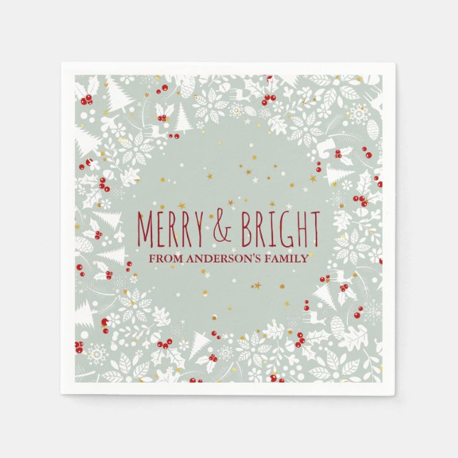 Merry & Bright White & Red Christmas Symbols Napkin (Front)