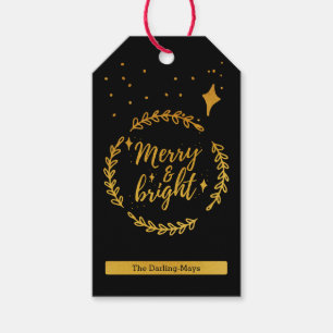 Merry & Bright Wreath in Black and Gold Christmas Gift Tags