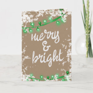 Merry & Bright Writing Green Snow Tree Light Kraft Holiday Card