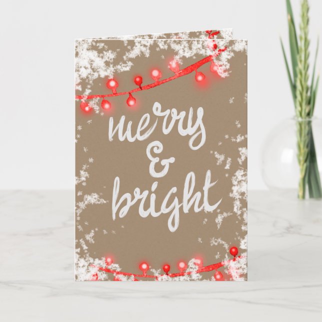 Merry & Bright Writing Red Snowy Tree Lights Kraft Holiday Card (Front)