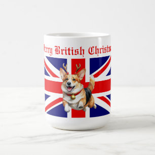 Merry British Christmas Corgi Reindeer Antlers Coffee Mug