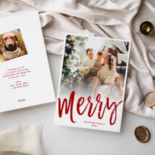 Merry Brush Script Christmas Card, Photo Back, Red Holiday Card