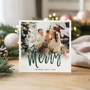 Merry Brush Script Green Square Holiday Card