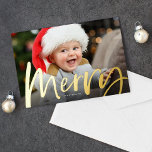 Merry brush script photo Christmas Foil Holiday Card<br><div class="desc">A bold, foil "merry" in a modern brush script sits at the base of a horizontal photo on this festive Christmas card. With a bright red backer featuring a star pattern, this is the perfect way to send holiday greetings with your favorite family photo. The red can be changed by...</div>