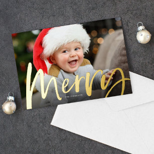 Merry brush script photo Christmas Foil Holiday Card