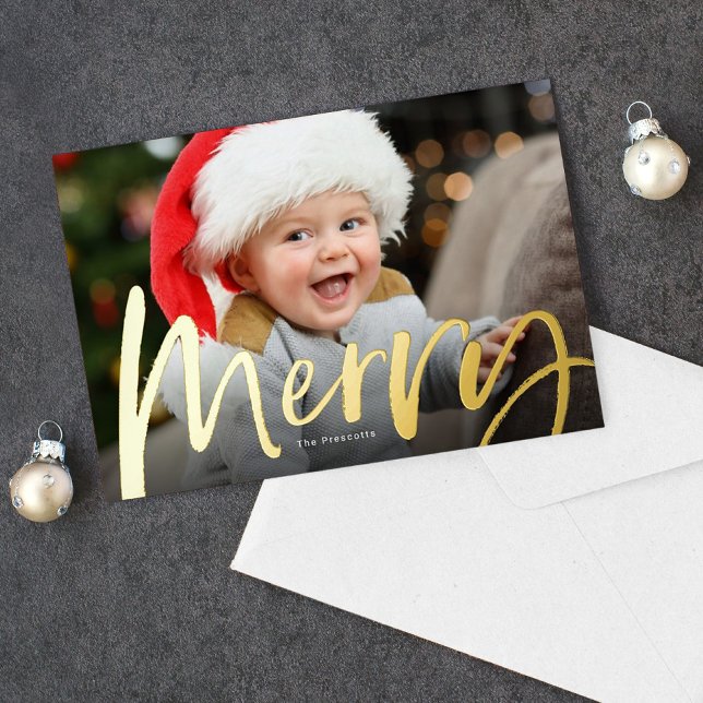 Merry brush script photo Christmas Foil Holiday Card (Creator Uploaded)